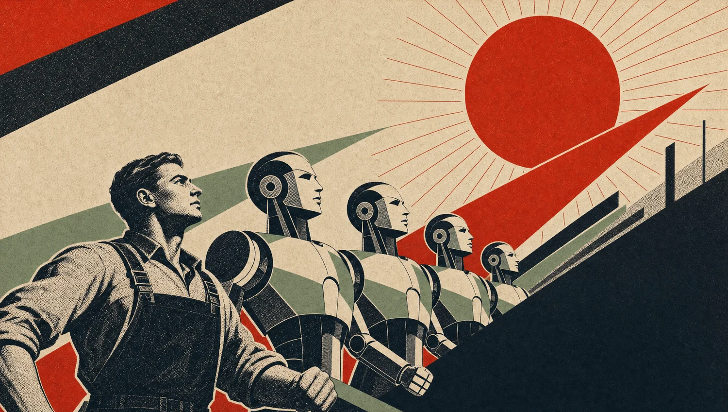 Constructivist poster: a worker leading a line of machine figures toward a rising sun.