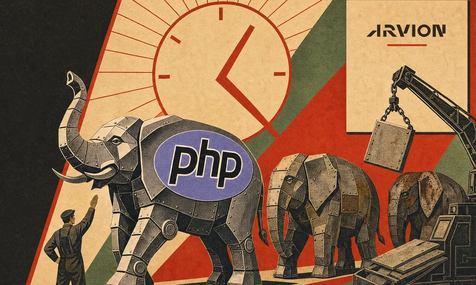 Poster of a procession of riveted steel elephants: a new one with the PHP logo painted on its flank leads, older ones follow, and a robot crane takes the oldest apart under a large clock. A sign on the wall reads Arvion.