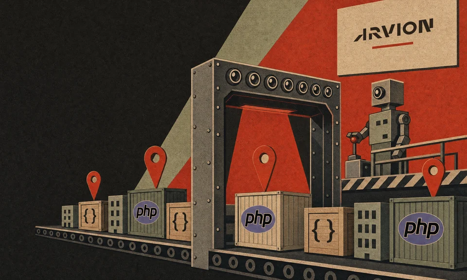 Poster of a conveyor belt carrying shipping containers, code crates and small app buildings through a riveted scanning arch. Every item with the PHP logo has a red map pin in it, and a robot at a lever watches. A sign reads Arvion.