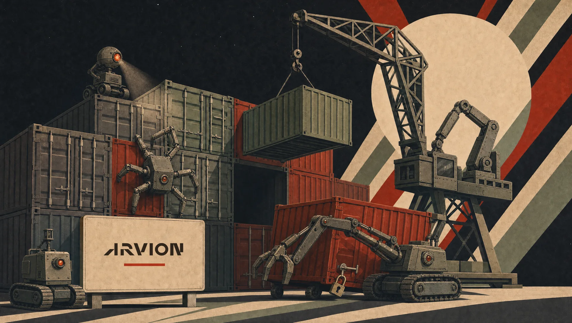 Poster of a container yard at night, worked by machines: a crane lowers a clean container into the gap in a stack while a tracked robot with a claw drags away the red container that was taken out, its padlock sprung open. A sign in the corner reads Arvion.
