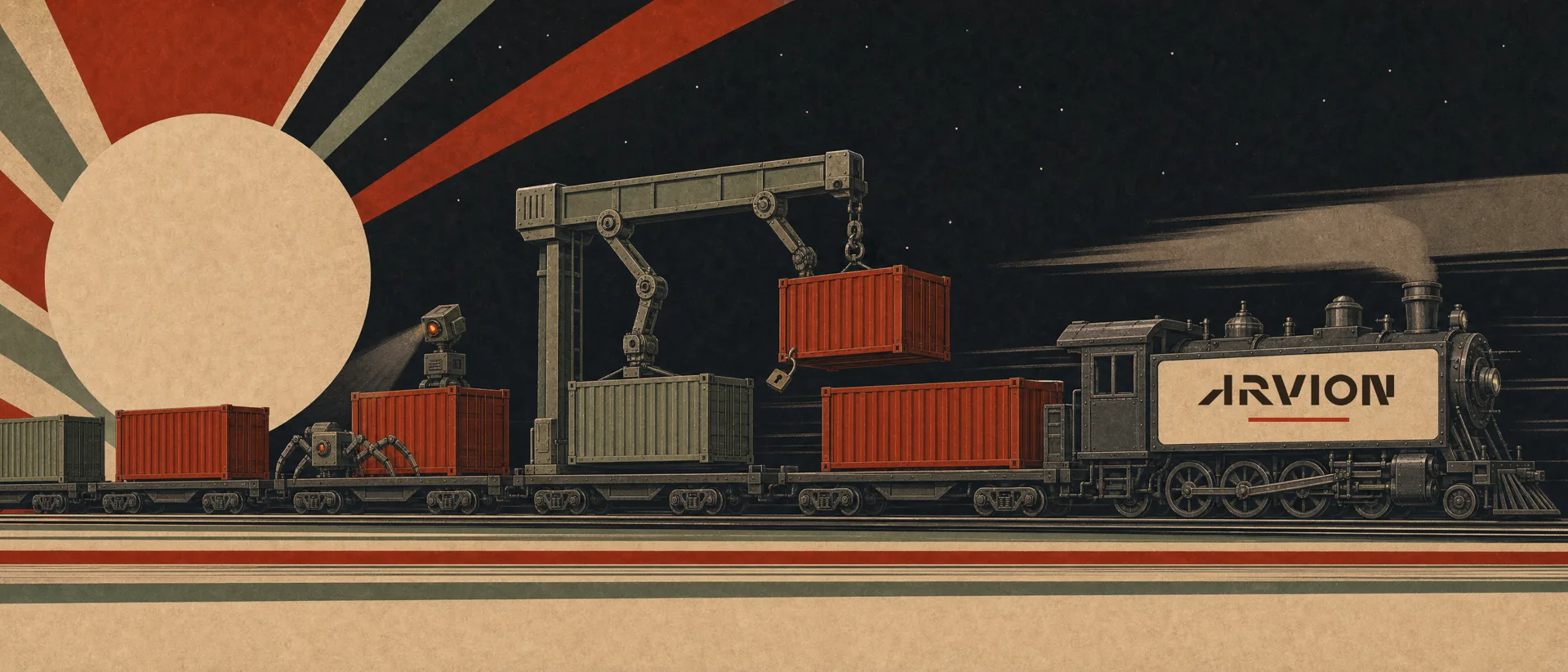 A poster of a freight train at night. A gantry arm lifts the red container with its padlock sprung open off the train and lowers a clean one in. The locomotive's side panel reads Arvion.