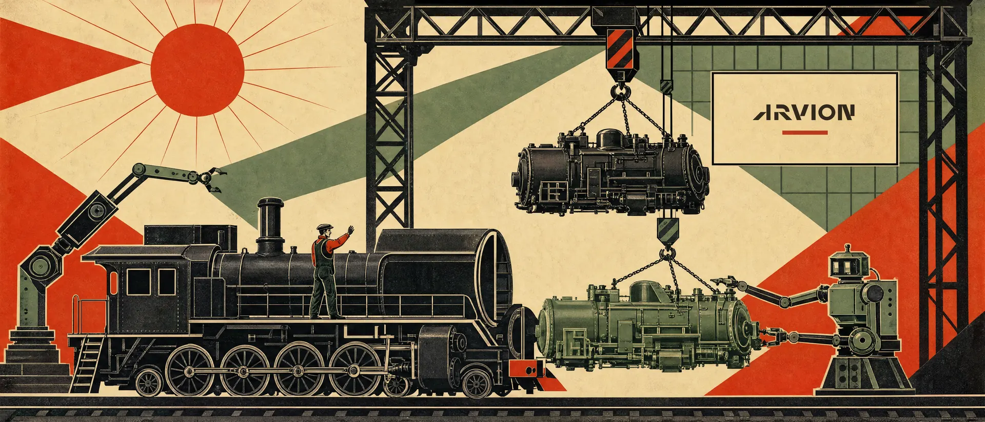 A poster of an engine swap in a workshop: a gantry crane lifts the old engine core out of a steam locomotive while a clean one is lowered in, robots guide both, and a worker signals from the footplate. The sign on the wall reads Arvion.