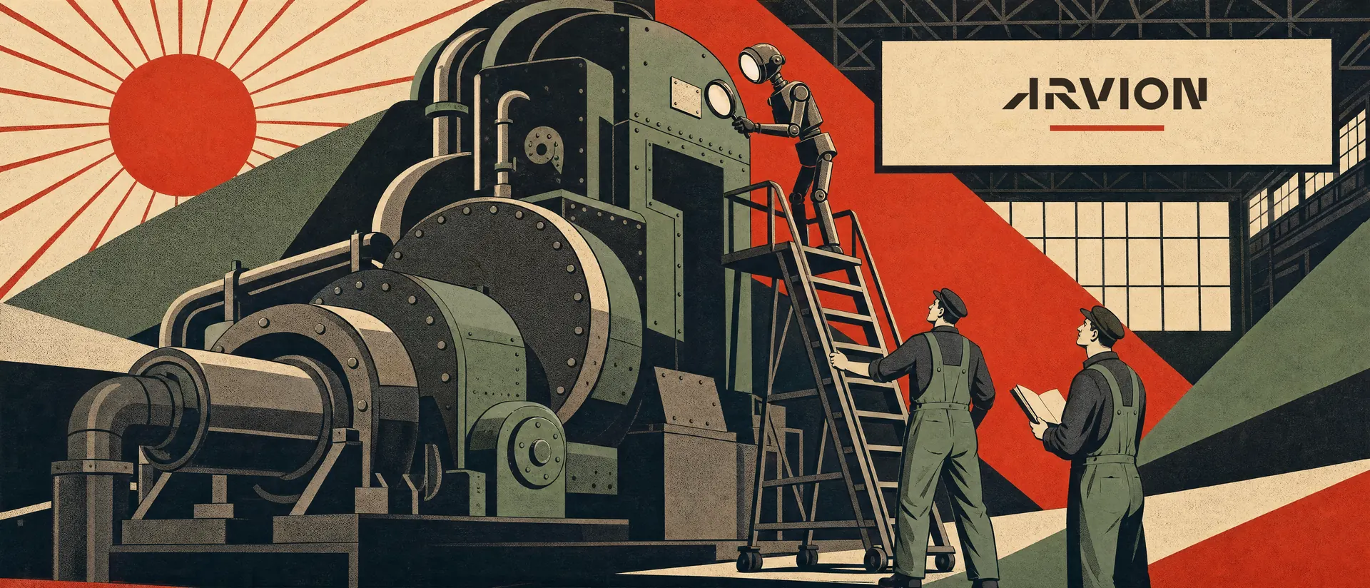 A poster of a machine hall: an inspector robot on a rolling ladder reads a machine's serial plate through a magnifying lens while two workers steady the ladder and take notes. The sign on the back wall reads Arvion.